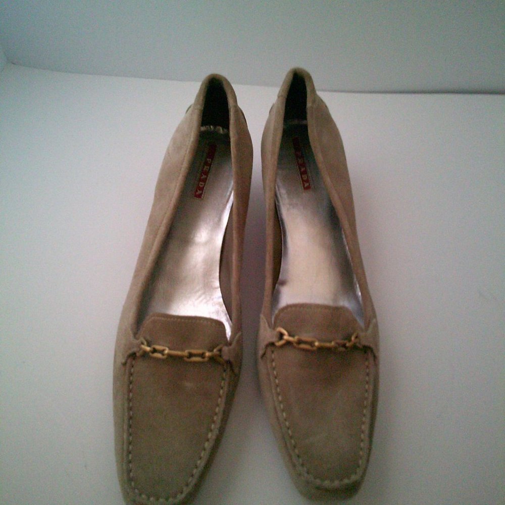 Prada Womens Brown Suede Slip On Loafer with Gold Tone Chain and Kitten Heel